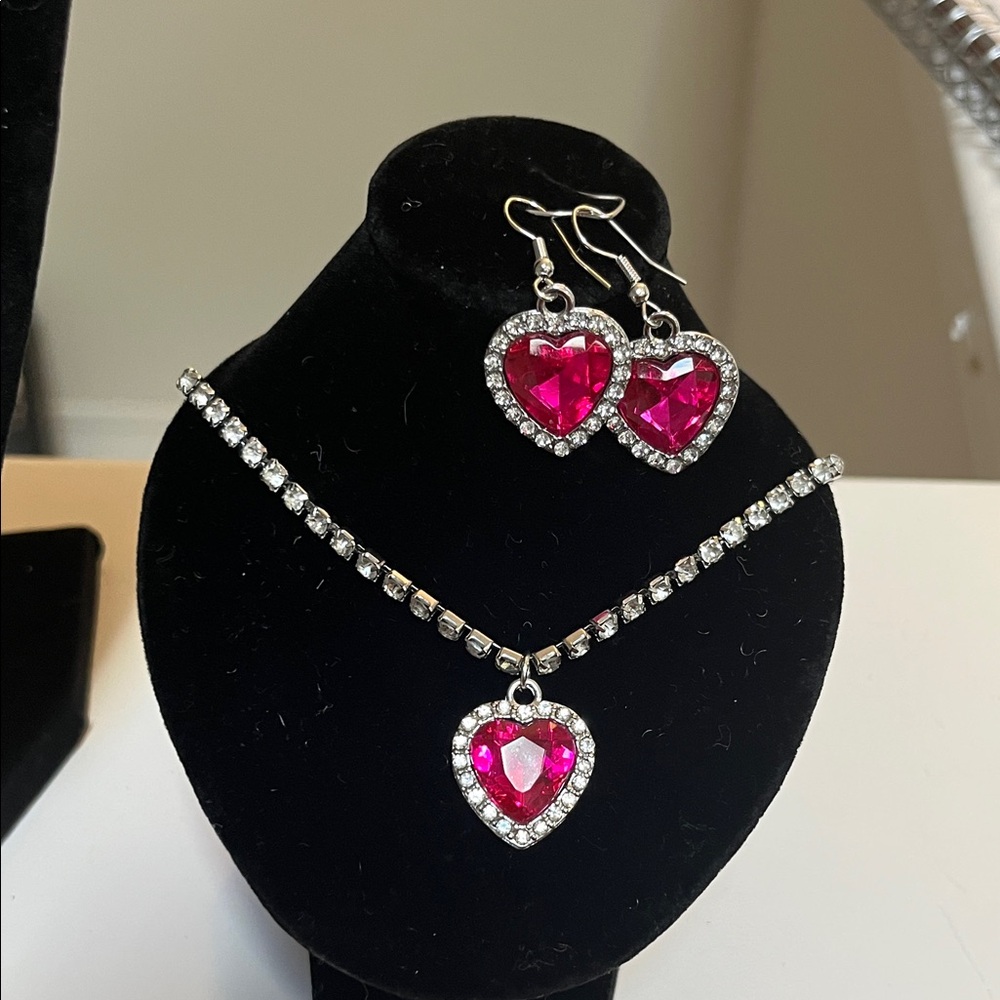 Heart-Shaped Pink Crystal Jewelry Set